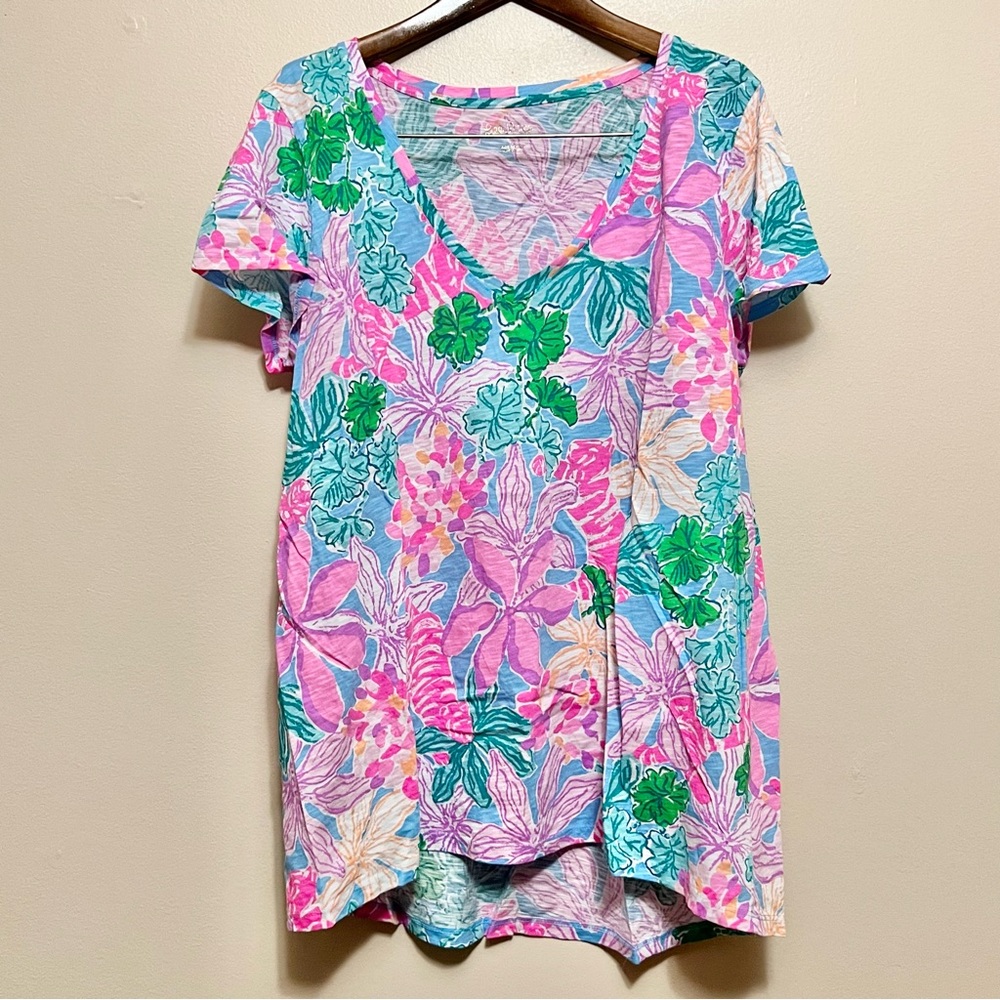 Lilly Pulitzer Pink and Green Floral Short Sleeve Top